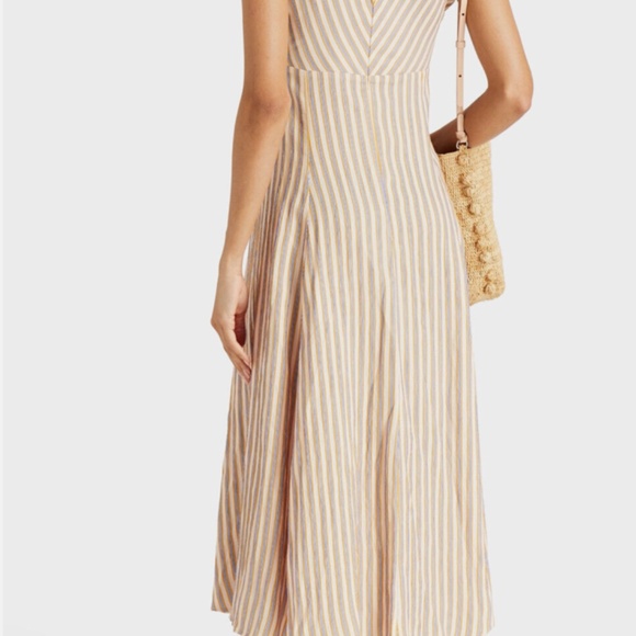 Sandro Paris Anym Ruched Embroidered Striped Twill Midi Dress (size EU 40) - Picture 4 of 10